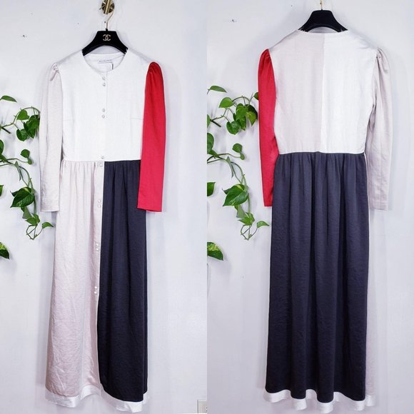 REJINA PYO Dress MEDIUM Black Red Satin Maxi‎ Patchwork Kaftan Tent NWT $1,295 - Picture 3 of 14